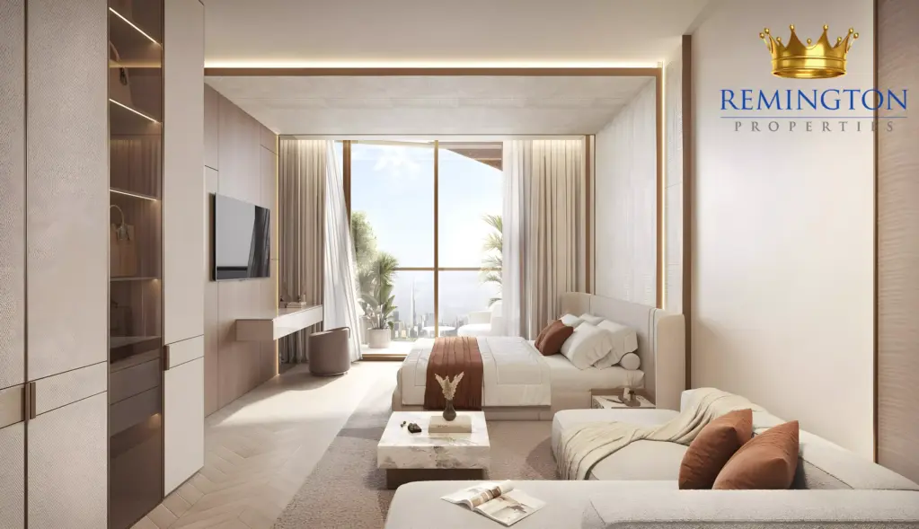 Jura Terraces furnished living room with balcony view