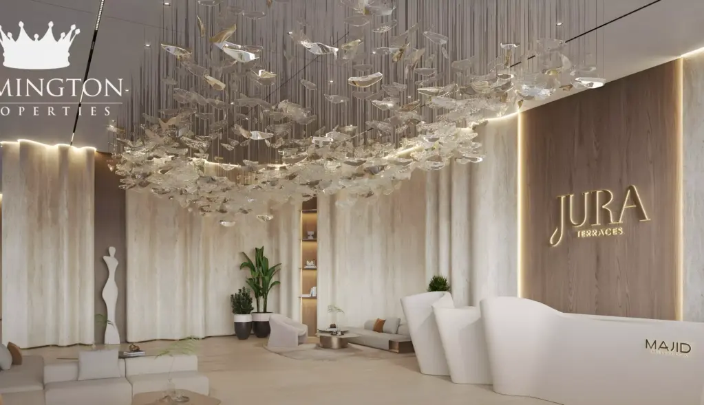 Jura Terraces lobby with sculptural lighting and reception desk