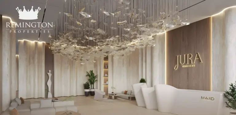 Jura Terraces lobby with sculptural lighting and reception desk
