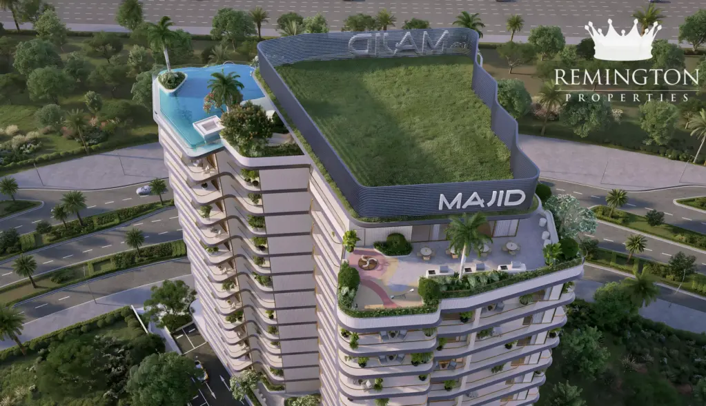 Elevated view of Jura Terraces roof garden and swimming pool