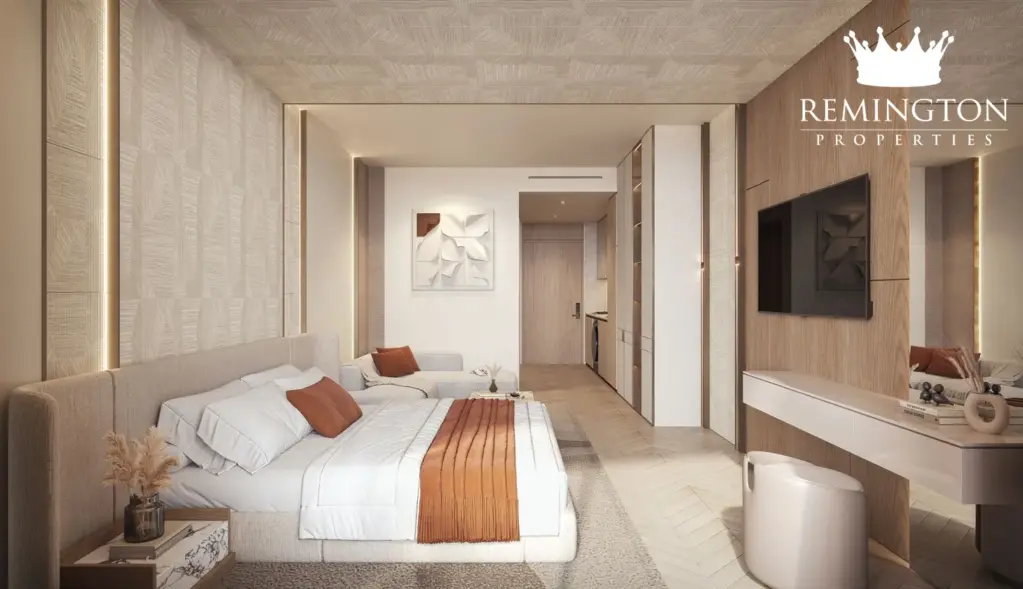 Furnished studio living and sleeping space at Jura Terraces