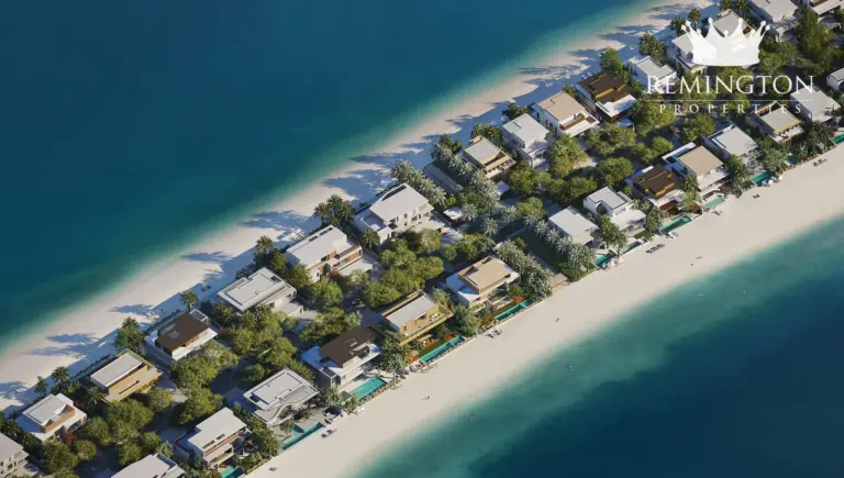 Aerial view of a beachfront villa frond at Palm Jebel Ali