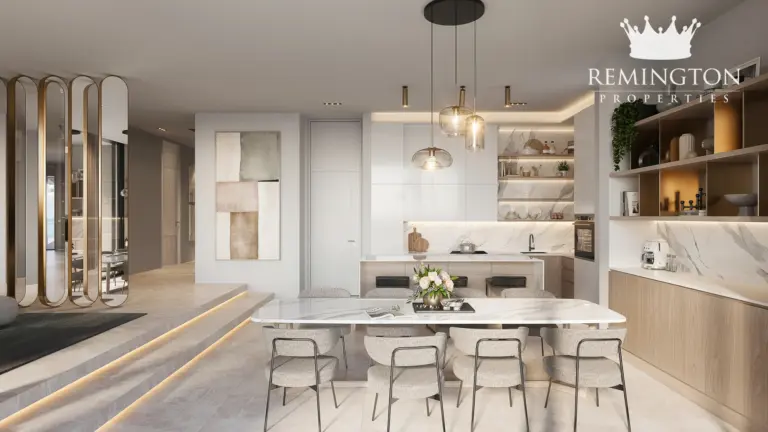 Dining and kitchen interior at Beach Collection - Ocean Whisper Villa Q, Palm Jebel Ali Frond F