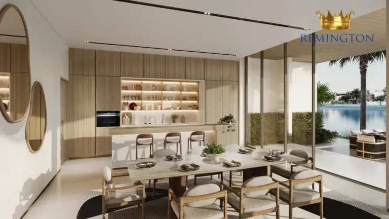 Dining and kitchen interior at Beach Collection - Wave Crest Villa P, Palm Jebel Ali Frond F
