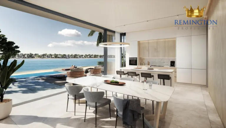 Dining and kitchen interior at Coral Collection - Red Aurora Villa C, Palm Jebel Ali Frond F