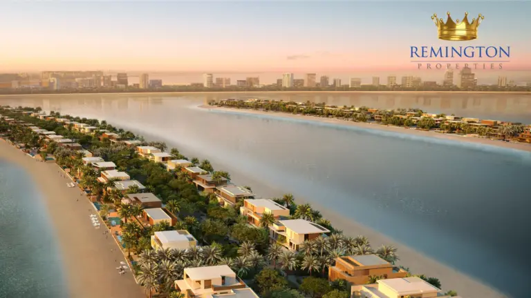 Aerial view of Palm Jebel Ali fronds with Dubai skyline