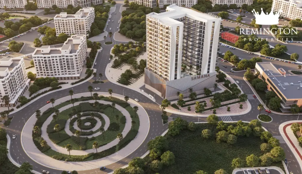 Aerial exterior rendering of SAMANA Greenfield 2 in Al Warsan