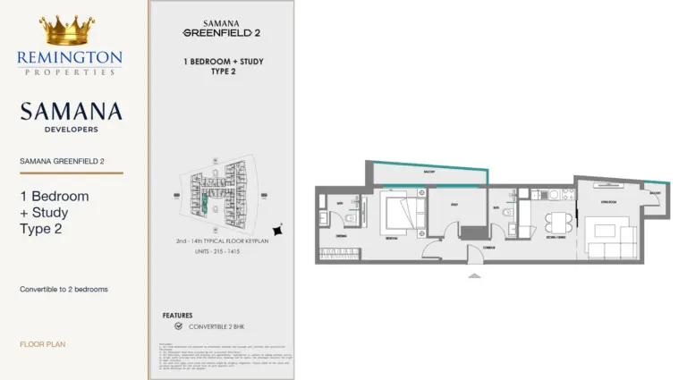 SAMANA Greenfield 2 1 Bedroom + Study Type 2 floor plan with unit keyplan