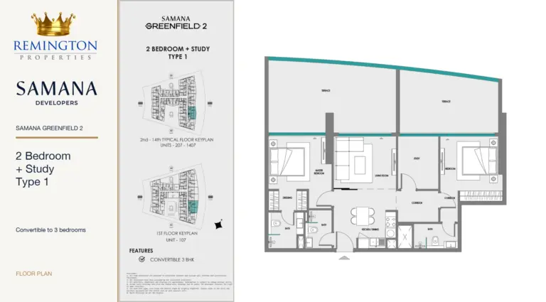 SAMANA Greenfield 2 2 Bedroom + Study Type 1 floor plan with unit keyplan
