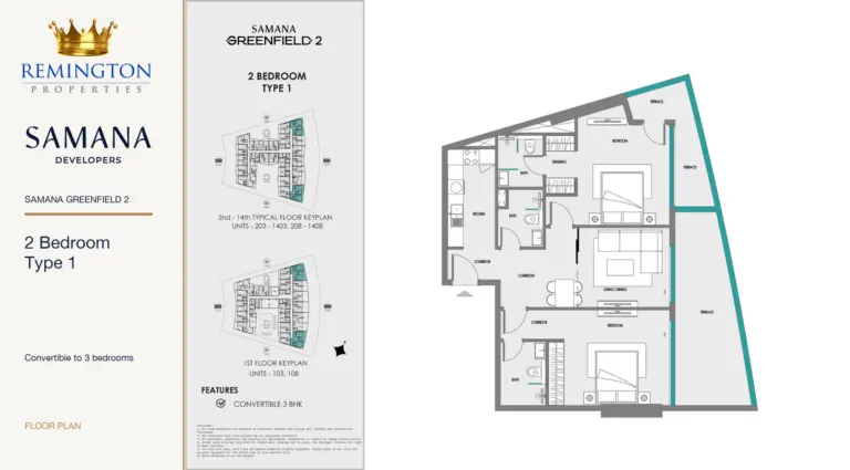 SAMANA Greenfield 2 2 Bedroom Type 1 floor plan with unit keyplan