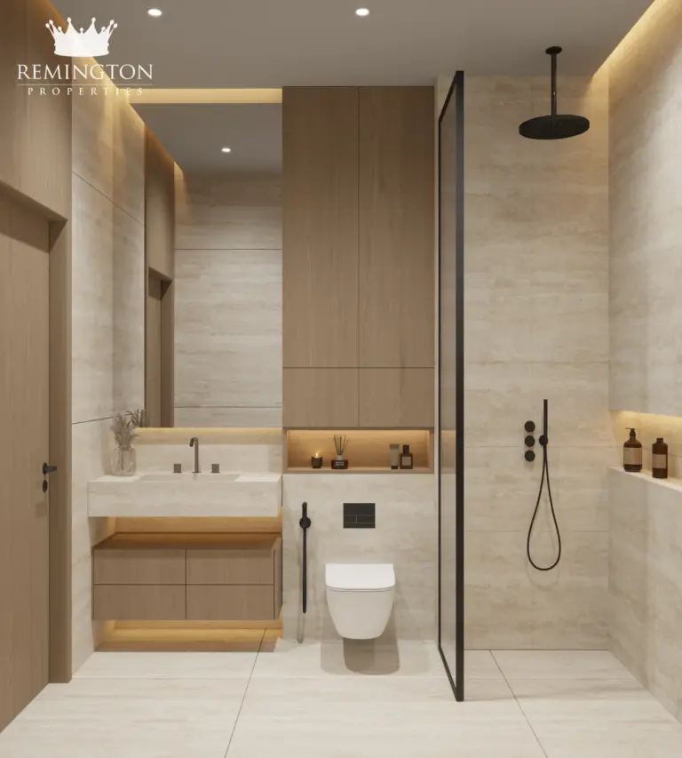 Contemporary apartment bathroom with walk-in shower