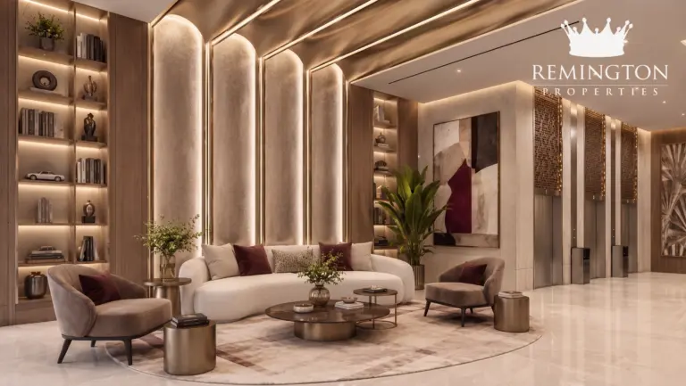 Residential lobby lounge with layered lighting