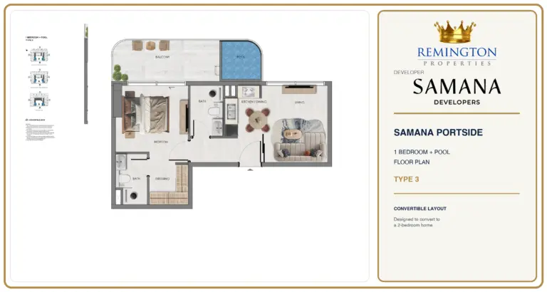 Samana Portside 1 Bedroom + Pool Type 3 floor plan