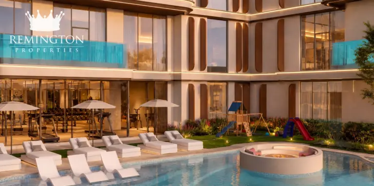 Pool deck with sun loungers at Samana Portside