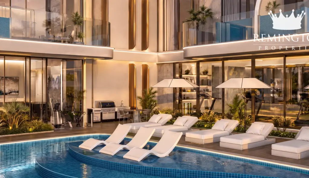 Twilight pool deck at Samana Portside