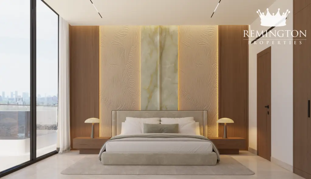 Primary bedroom with a Dubai city view