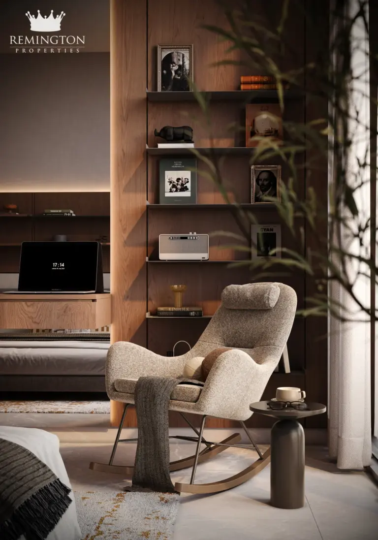 Bedroom reading chair beside the window and built-in shelving