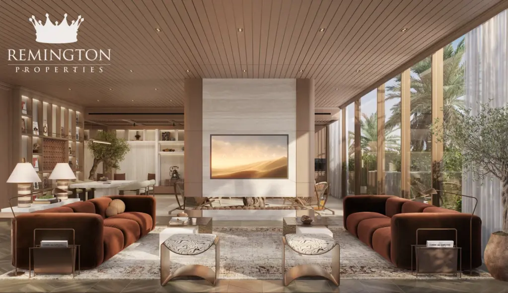 Clubhouse lounge with fireplace and floor-to-ceiling glazing