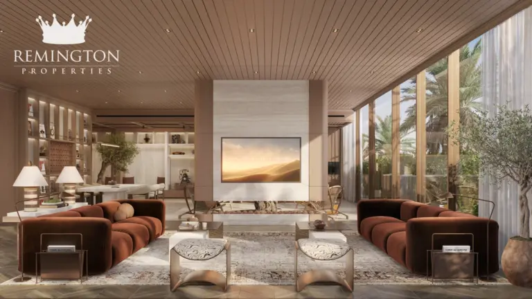 Clubhouse lounge with fireplace and floor-to-ceiling glazing