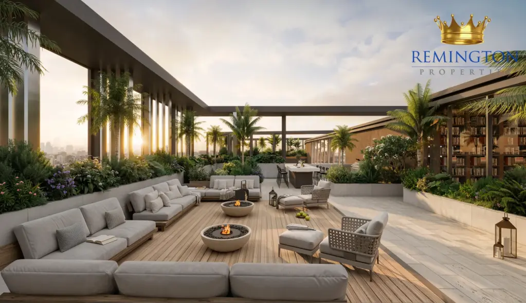 Garden lounge seating beneath a shaded pergola