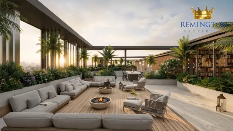 Garden lounge seating beneath a shaded pergola