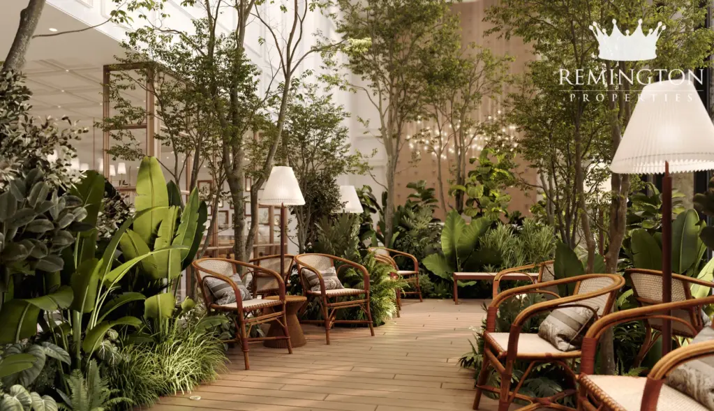 Garden reading lounge with upholstered chairs