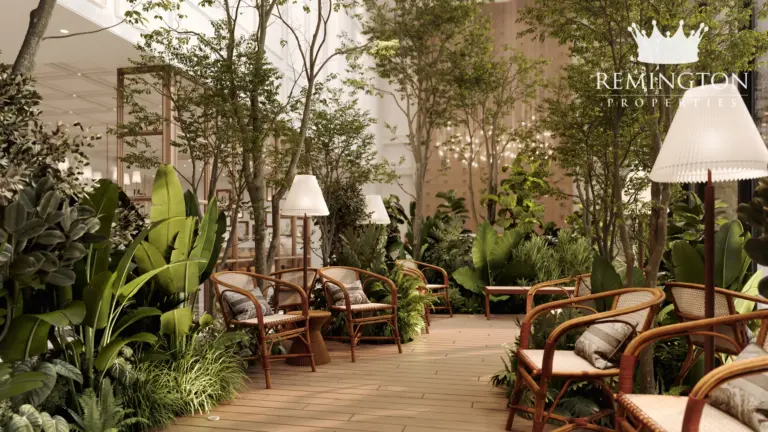Garden reading lounge with upholstered chairs
