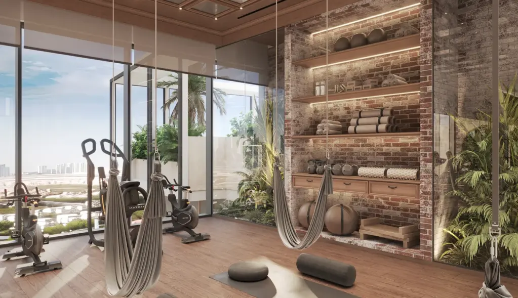 Fitness studio with timber shelving and exercise area