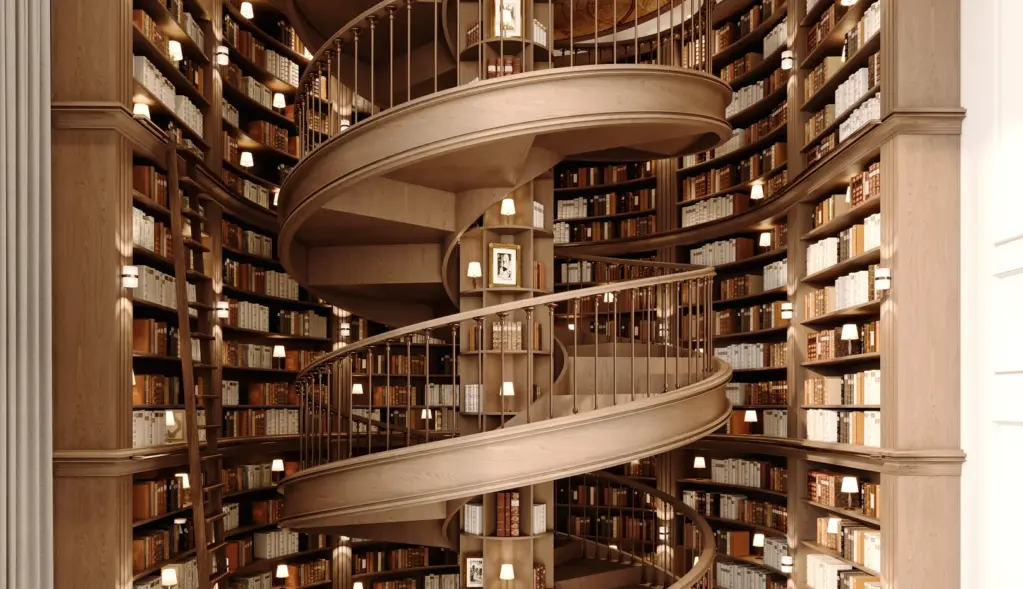 Tall curved bookshelves in the residents library