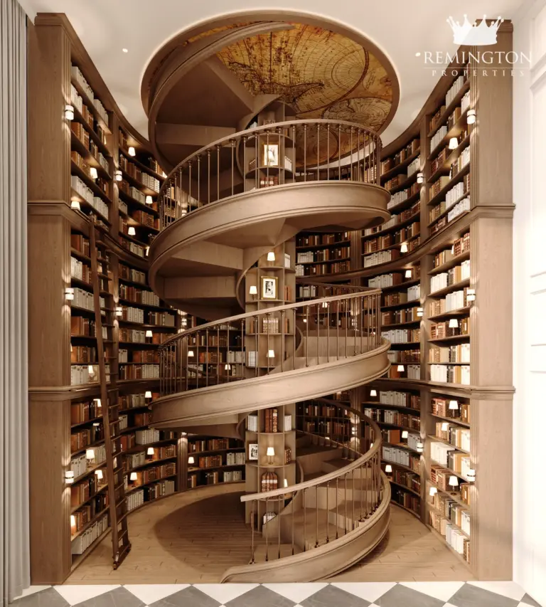 Tall curved bookshelves in the residents library