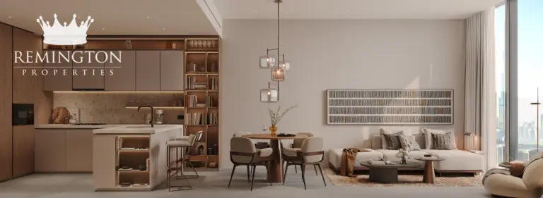 Open-plan living and dining room in a one-bedroom residence