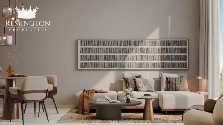 Living room seating and framed art in a furnished residence