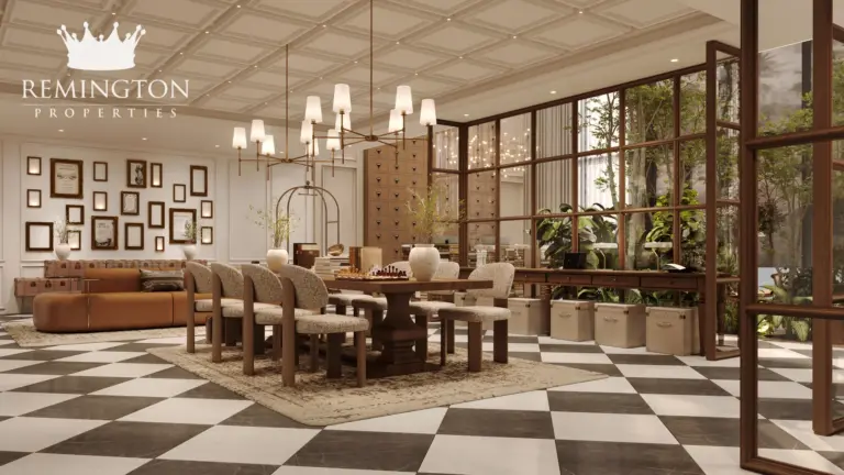 Lobby lounge with patterned floor and planted courtyard