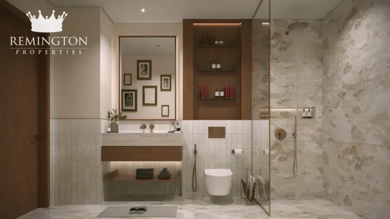 Bathroom of a one-bedroom residence with marble-look finishes
