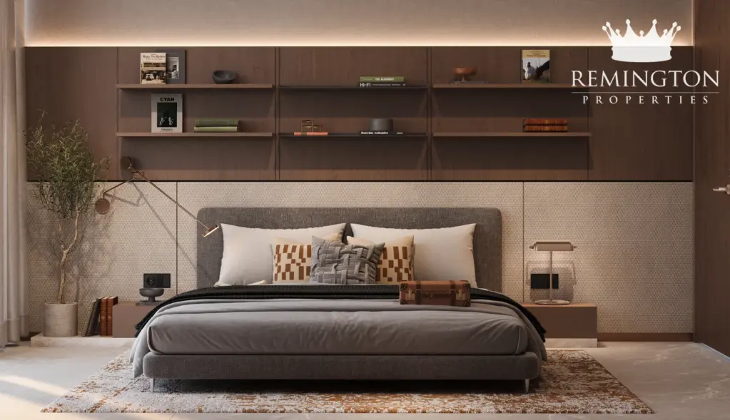 Furnished one-bedroom residence with bedside reading shelves