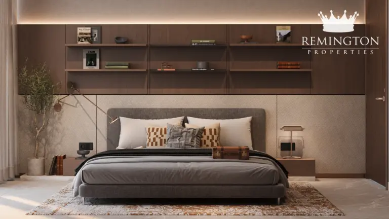 Furnished one-bedroom residence with bedside reading shelves