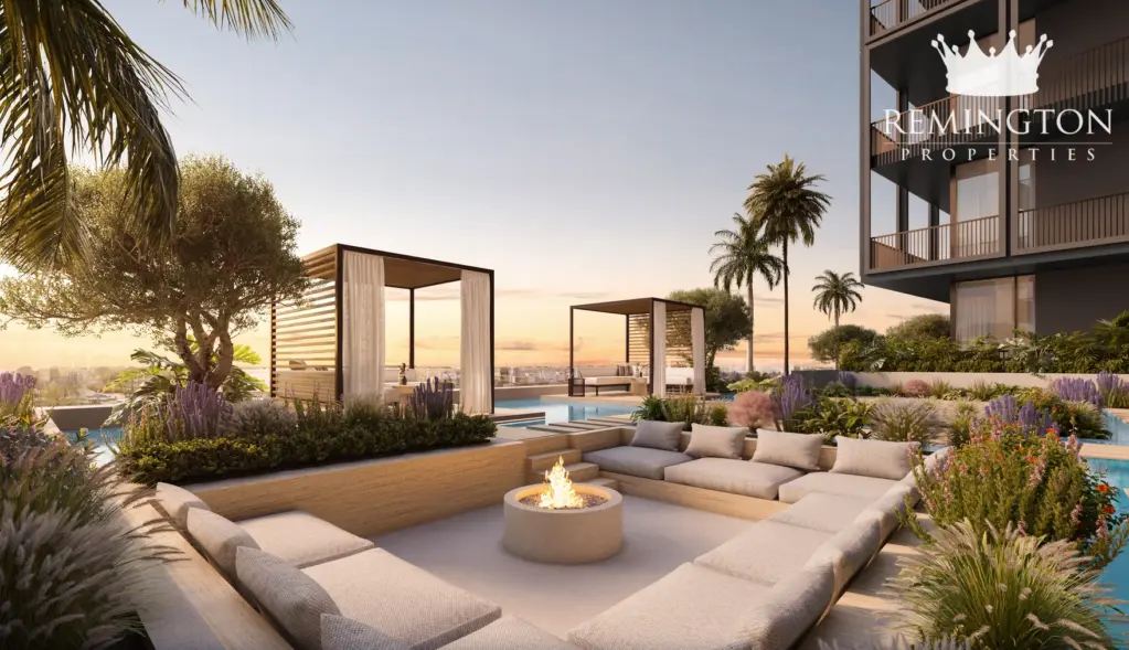 Outdoor firepit lounge set within the landscaped terrace
