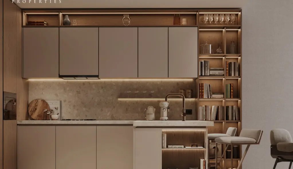 Fitted kitchen with integrated appliances and display shelves