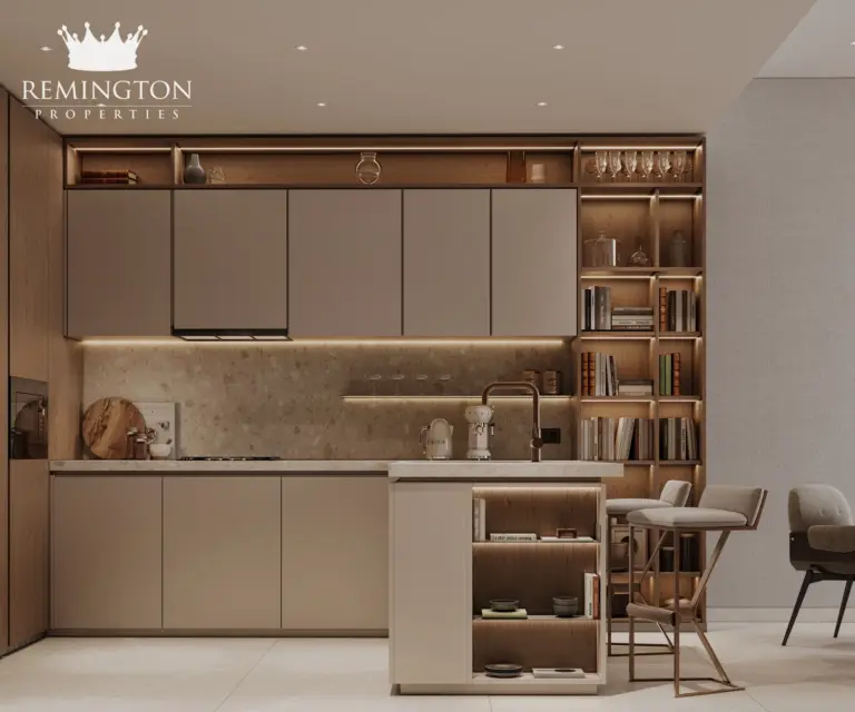 Fitted kitchen with integrated appliances and display shelves
