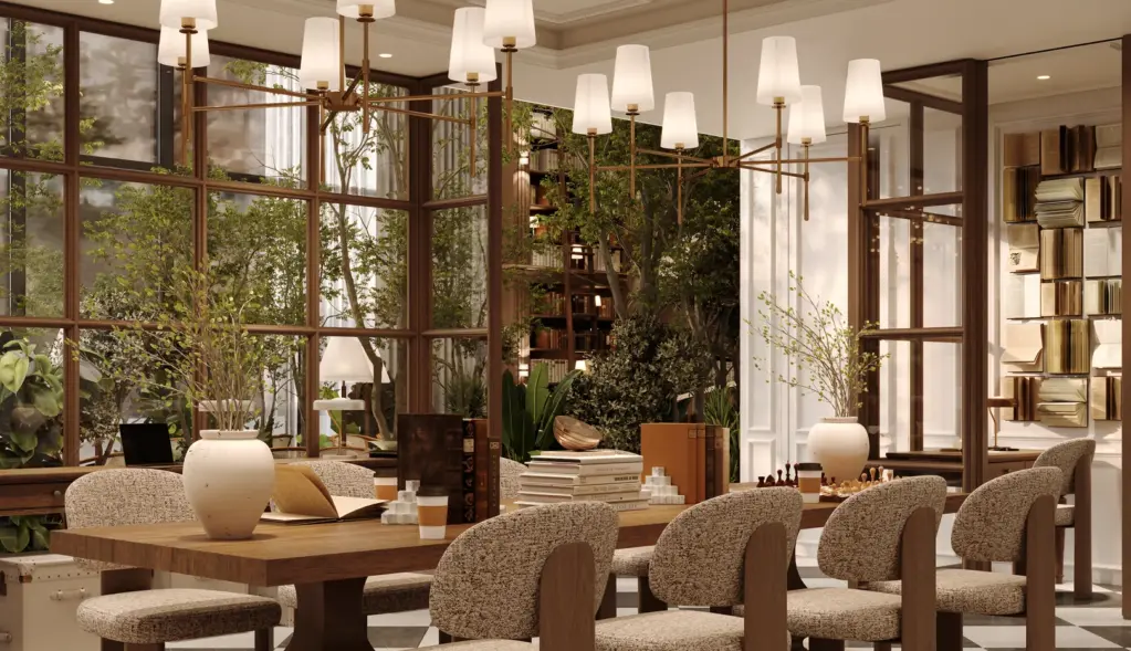 Residents reading room with long tables and garden views