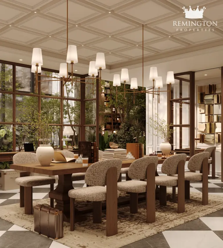 Residents reading room with long tables and garden views