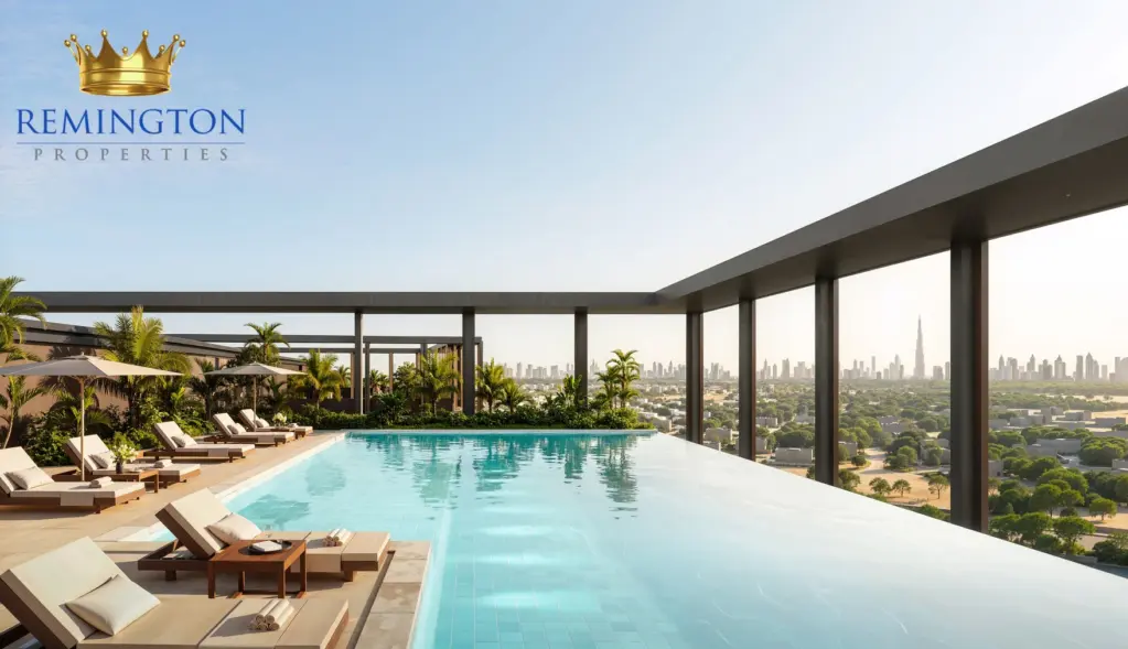 Rooftop swimming pool with loungers and a wide city view