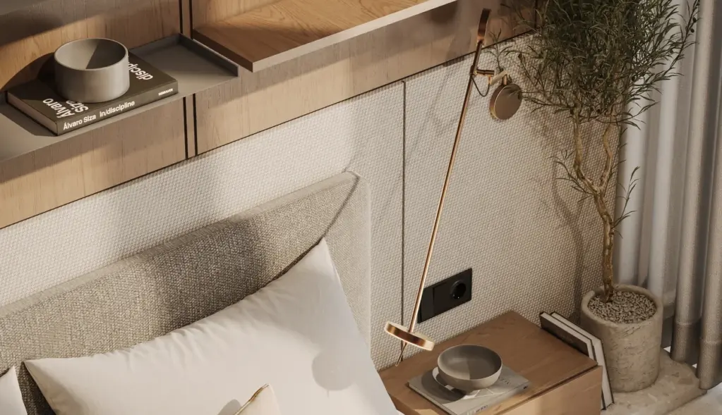 Studio residence with a reading nook beside the bed