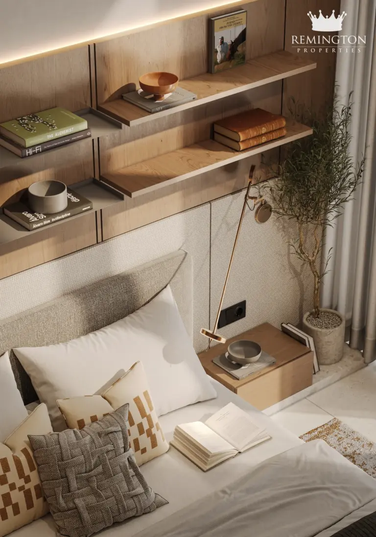 Studio residence with a reading nook beside the bed
