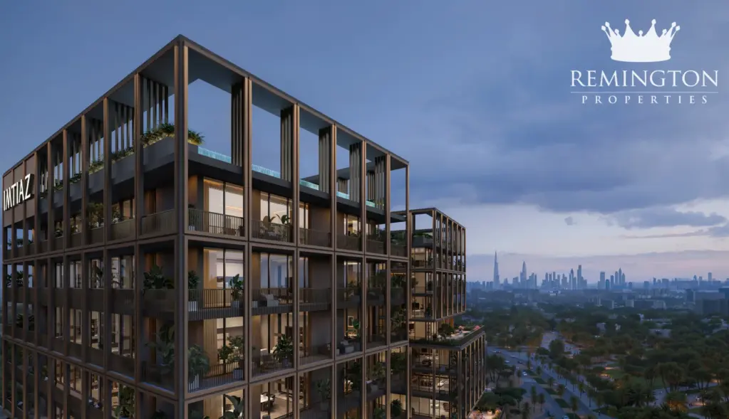 Upper residential floors of The Archive against the Dubai skyline