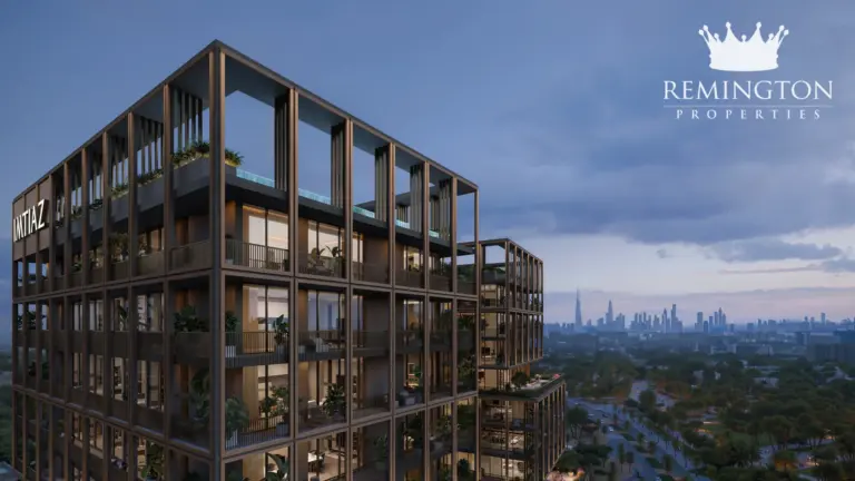Upper residential floors of The Archive against the Dubai skyline