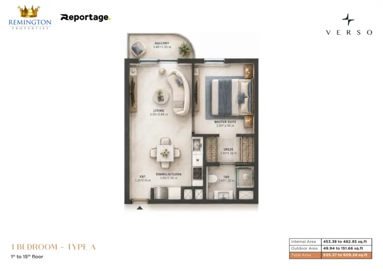 Verso One Bedroom Type A floor plan with area schedule