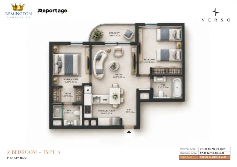 Verso Two Bedroom Type A floor plan with area schedule