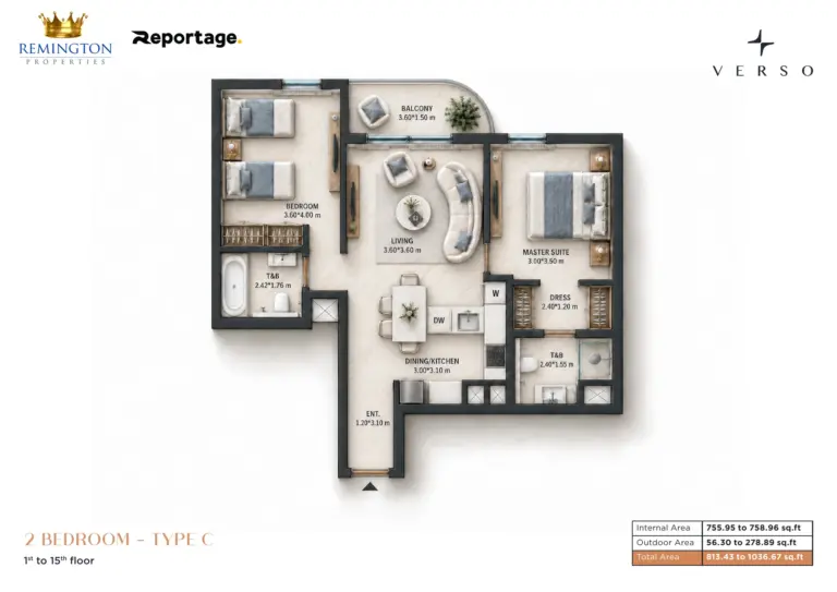 Verso Two Bedroom Type C floor plan with area schedule