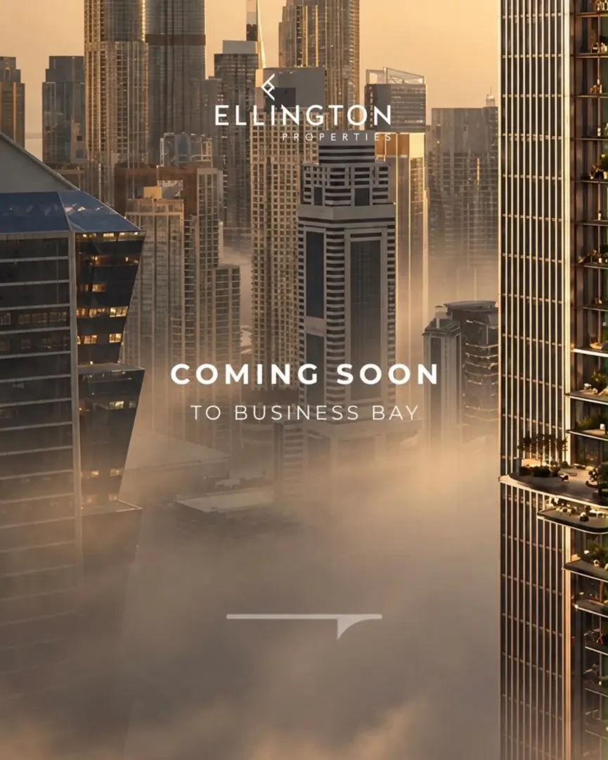 City skyline with the Ellington Properties logo and Coming Soon to Business Bay announcement
